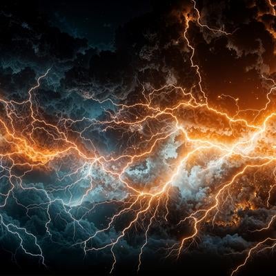 無数の稲光が網目のように広がっている様子の写真