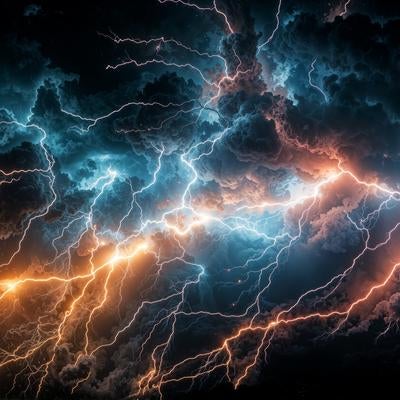 漆黒の夜空を覆う巨大な積乱雲と無数の稲妻の写真