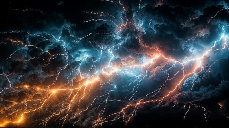 漆黒の夜空を覆う巨大な積乱雲と無数の稲妻の写真