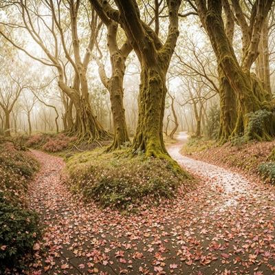 枯れ葉が積もる苔むした古木の森の小径の写真