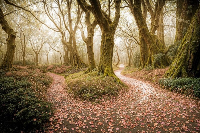 枯れ葉が積もる苔むした古木の森の小径の写真