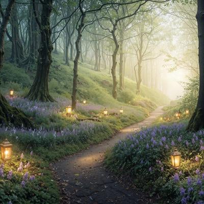 灯篭に照らされたファンタジー風の森林小道と薄紫のルピナスの写真