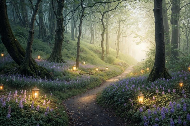 灯篭に照らされたファンタジー風の森林小道と薄紫のルピナスの写真
