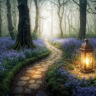 紫色のベルフラワーが咲く森の小道とランタンの光の風景の写真