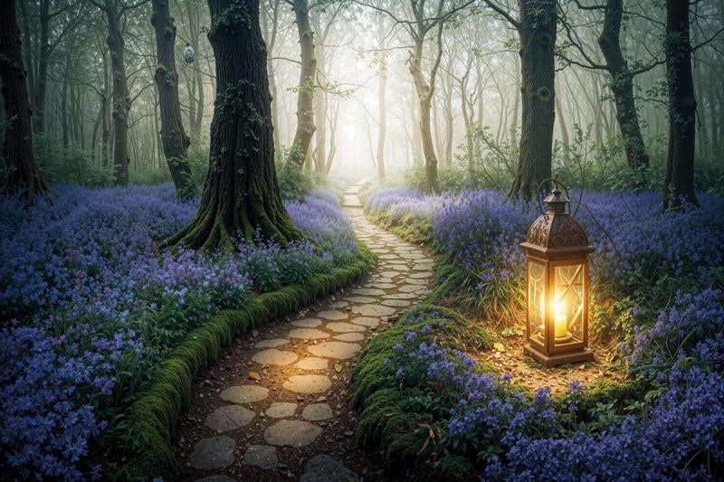 紫色のベルフラワーが咲く森の小道とランタンの光の風景の写真