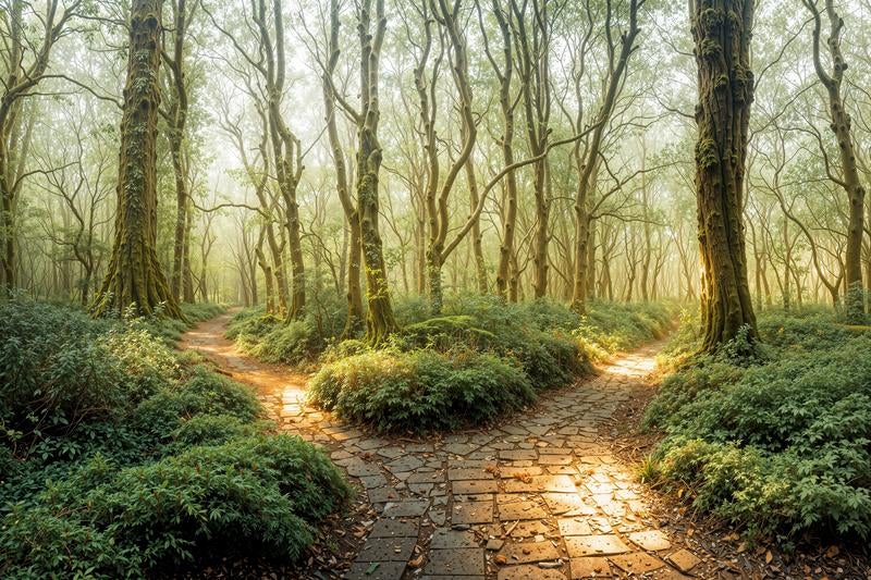 苔むした巨木が並ぶ森林の石畳の小道と複数の分岐路の写真