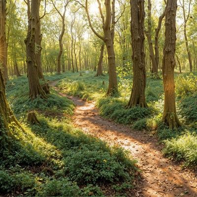 太陽光が差し込む緑の樹木と土の小道を歩むハイキングコースの写真
