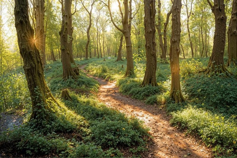 太陽光が差し込む緑の樹木と土の小道を歩むハイキングコースの写真