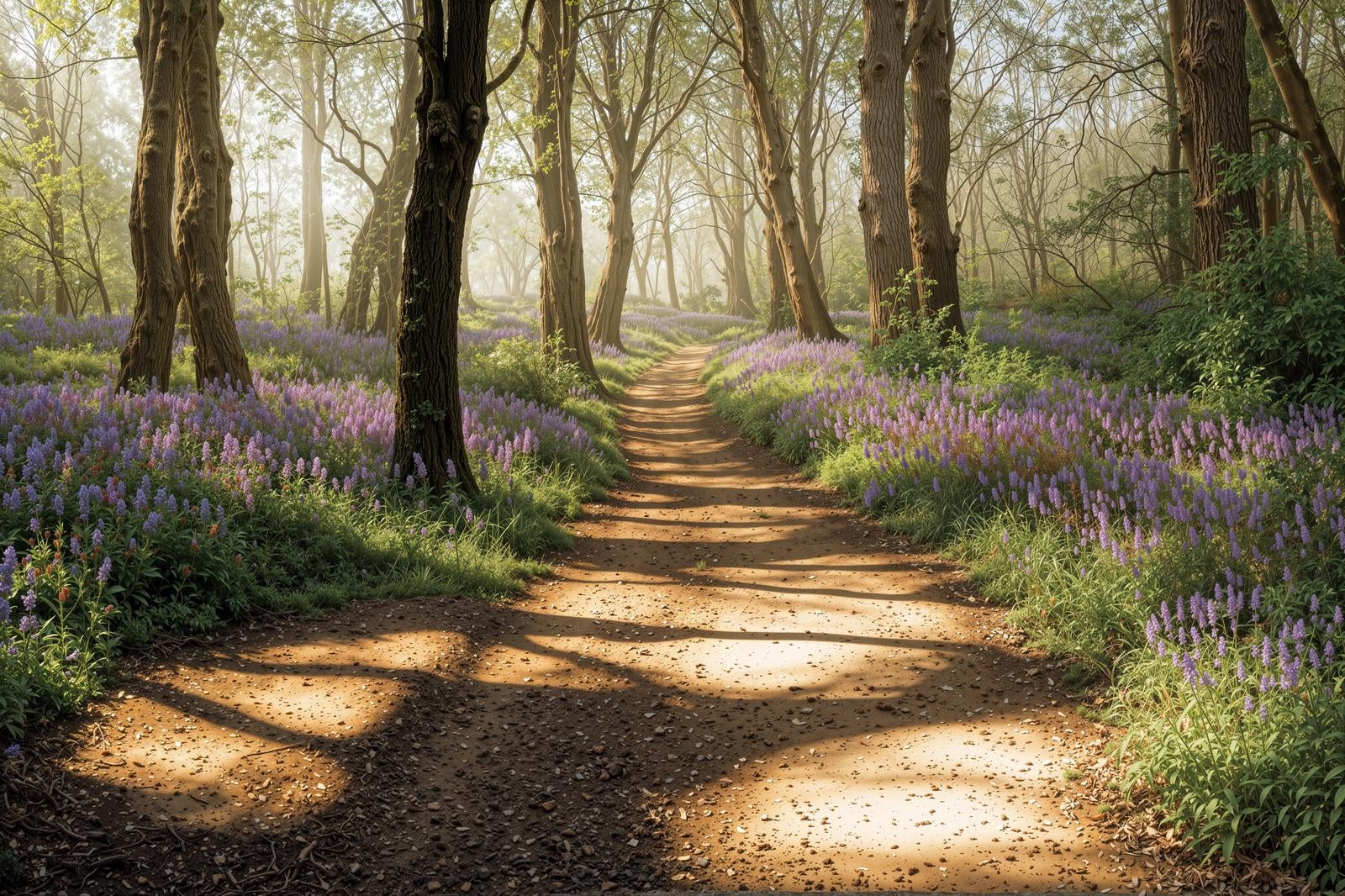 Landscape of a dirt forest path with purple flowers blooming on both sides and dappled sunlight (Komorebi) filtering through the trees