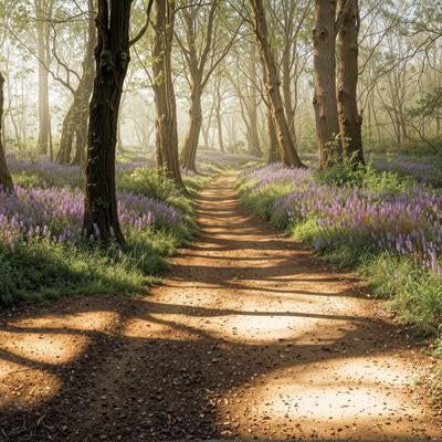 紫の花が咲く森の小道の写真