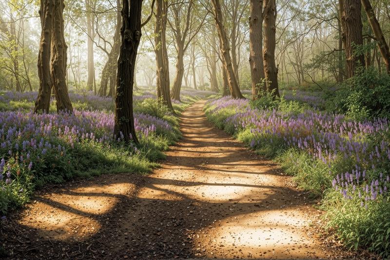 紫の花が咲く森の小道