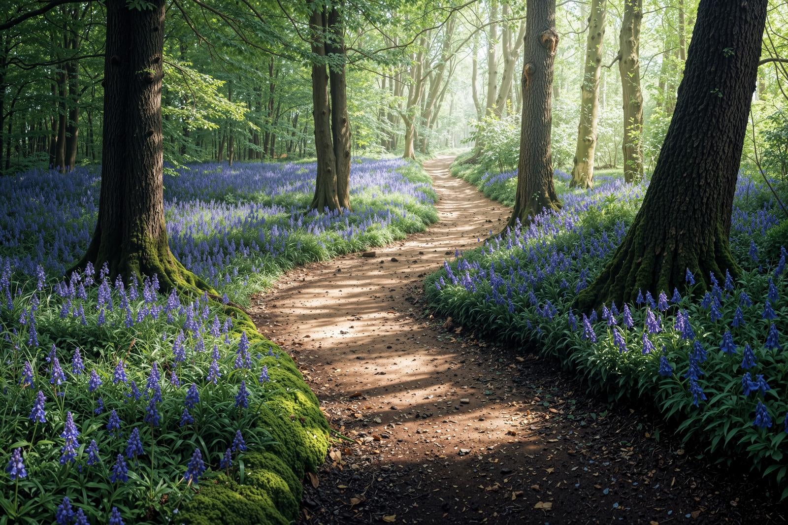A dirt walking path (Sansakuro) continuing into the distance through a forest of fresh green foliage with purple flowers blooming on both sides
