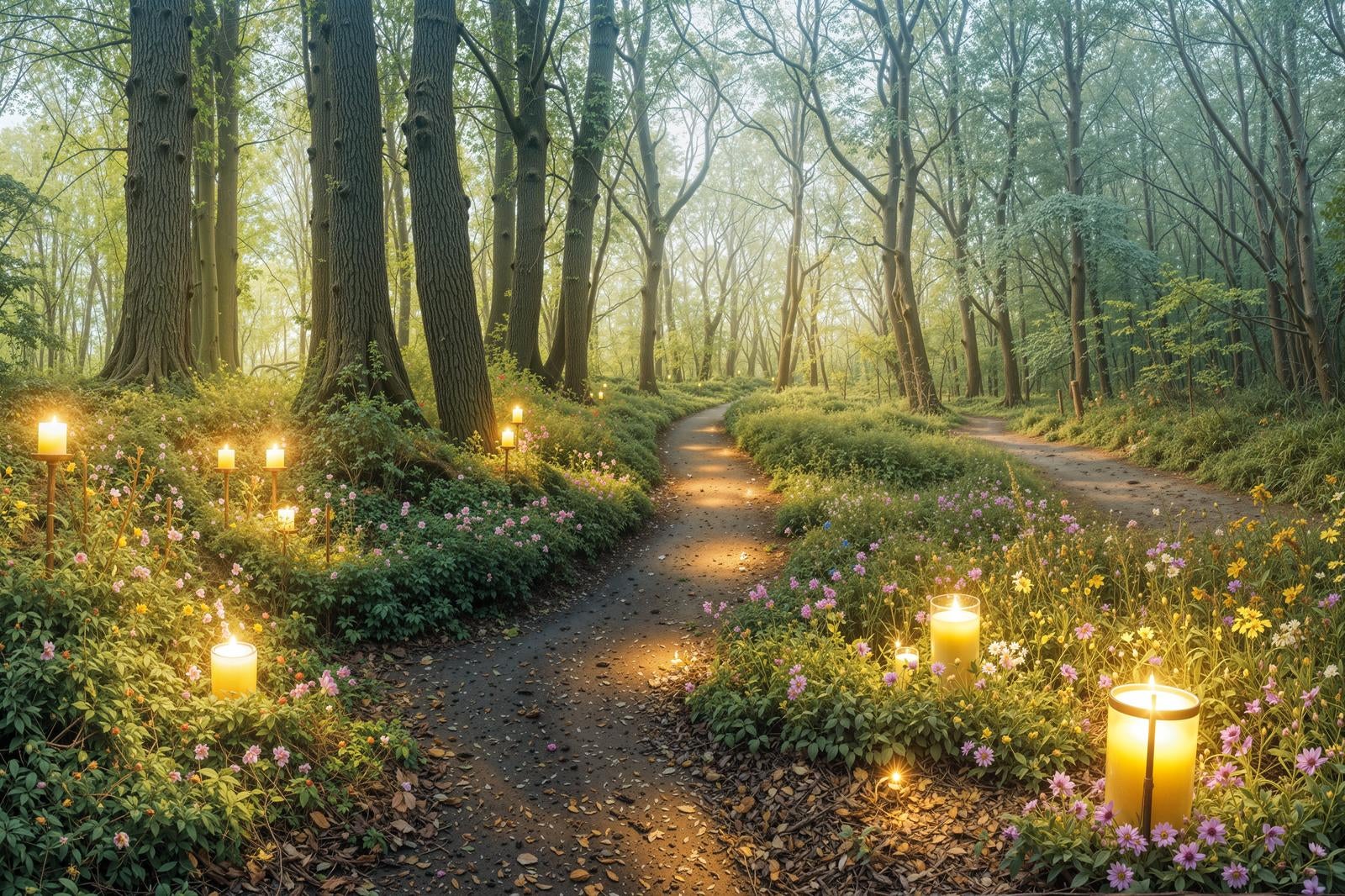 林の中の散策路にランタンと紫ピンクの花が咲き、黄色い照明が灯る