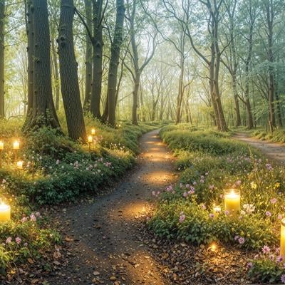 林間の散策路と紫色の花、ランタンの灯りの写真