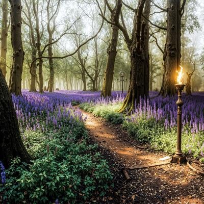 春の花畑を抜ける林間の散策路とランプの写真