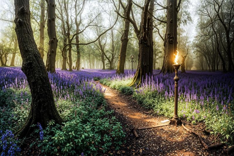 春の花畑を抜ける林間の散策路とランプの写真