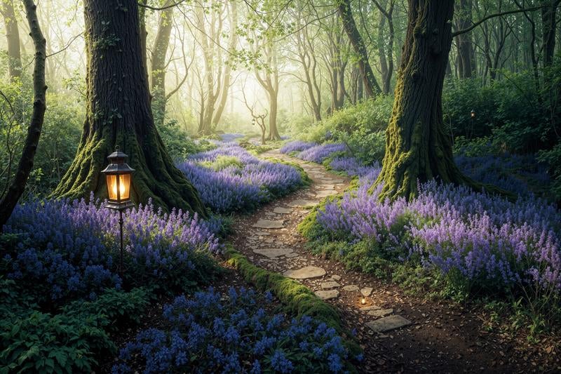 紫の花畑に続く石畳の散歩道の写真