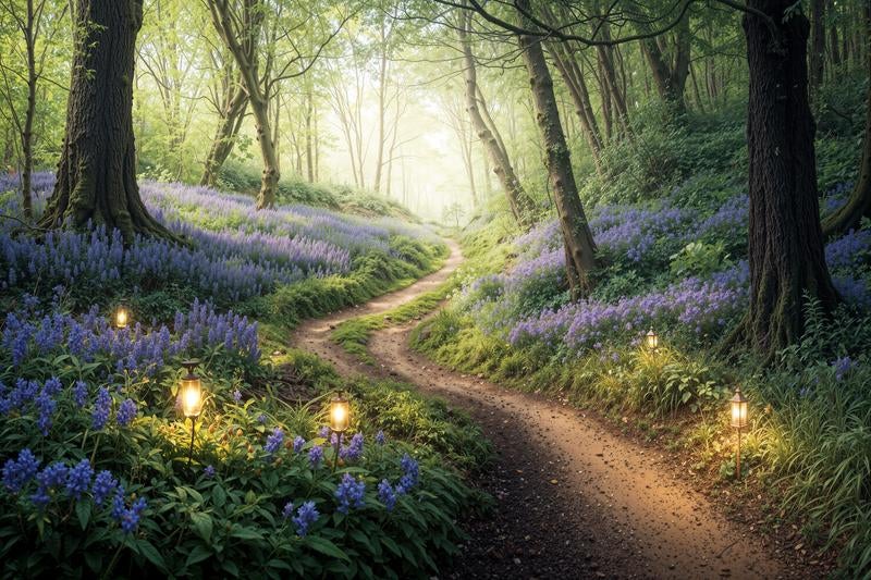 森の中の小径をランタンで灯したファンタジー調の光の道の写真