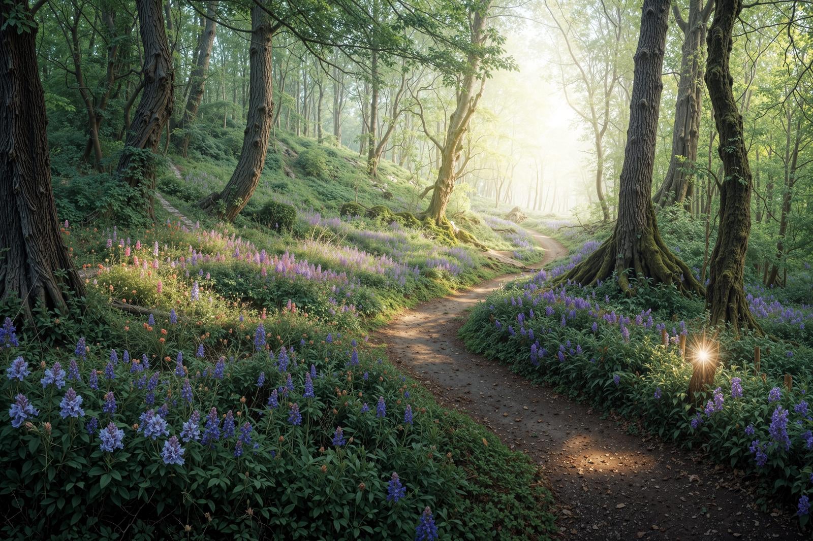 AI image of a dirt forest path lined with purple flowers on both sides, with morning light streaming through from the distance