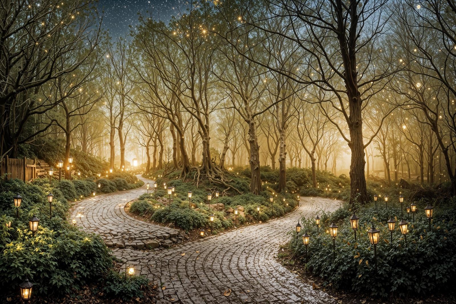 「夜の公園の石畳遊歩道」の写真