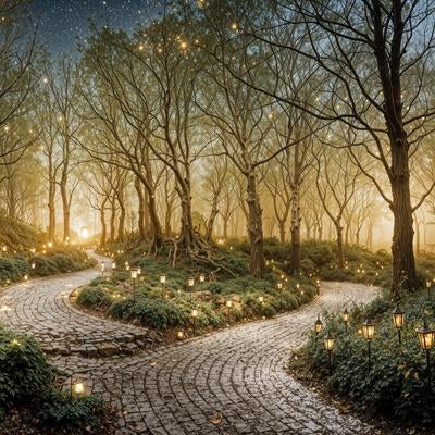 夜の公園の石畳遊歩道の素材