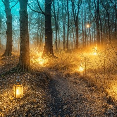 静寂に包まれた森と光の道しるべの写真