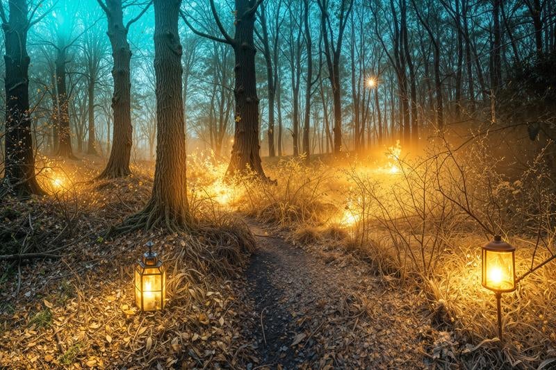 静寂に包まれた森と光の道しるべの写真