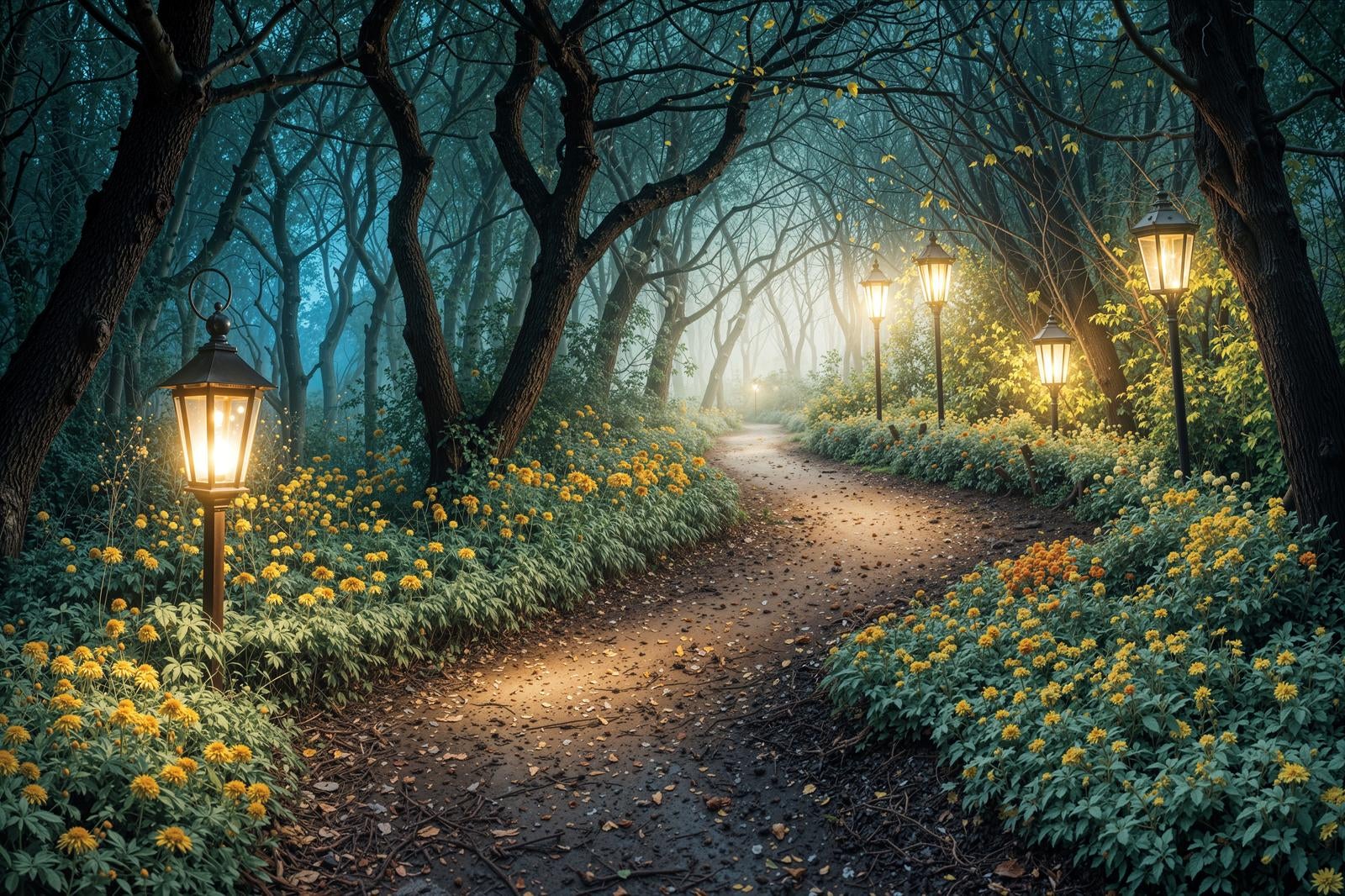 Fantasy-style landscape of a misty forest with illuminated street lamps and a path lined with yellow flowers extending into the distance