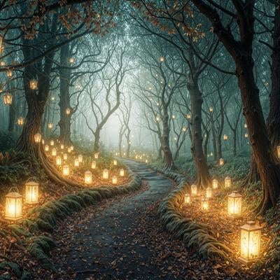 夢幻の灯火が導く神秘の森道の素材