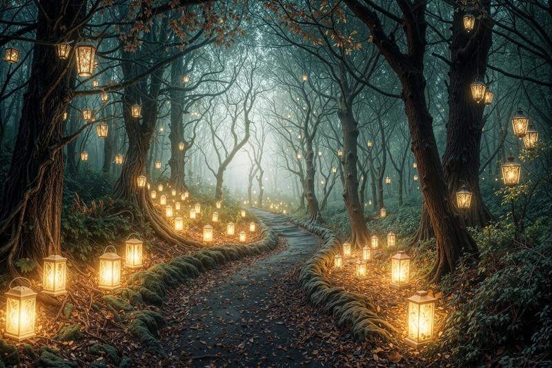 夢幻の灯火が導く神秘の森道の写真