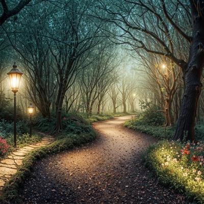 魔法のランプが彩る夜の森散歩の写真