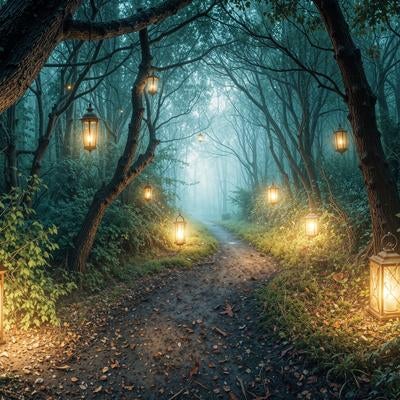 ランタンが灯す幻想の夜道と森の静寂の写真