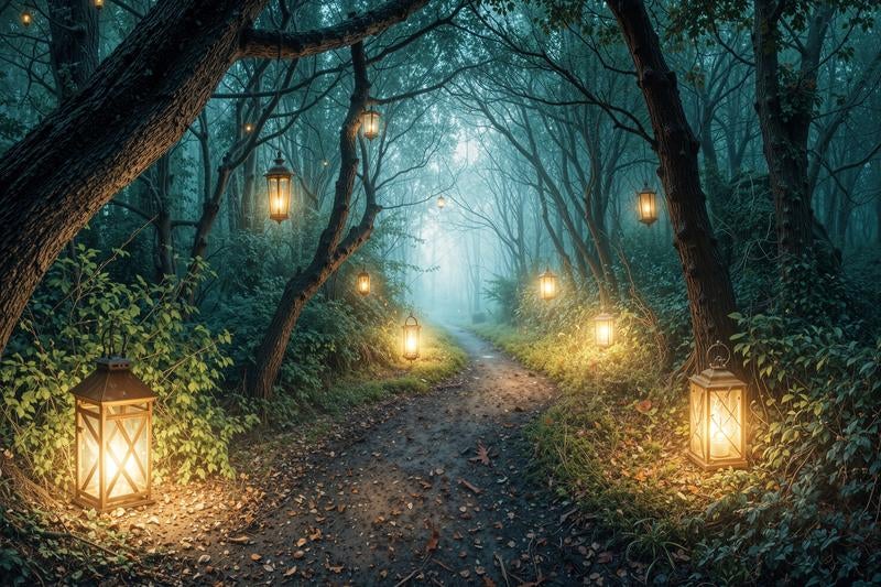 ランタンが灯す幻想の夜道と森の静寂の写真