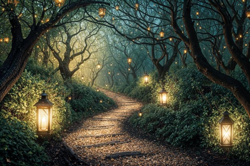 闇夜に浮かぶランプが照らす夢幻の樹間ロードの写真