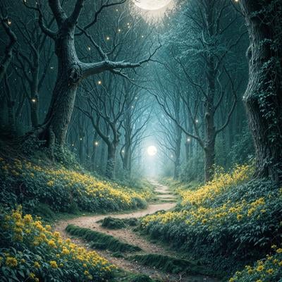 満月の夜に浮かび上がる神秘的な林道の素材