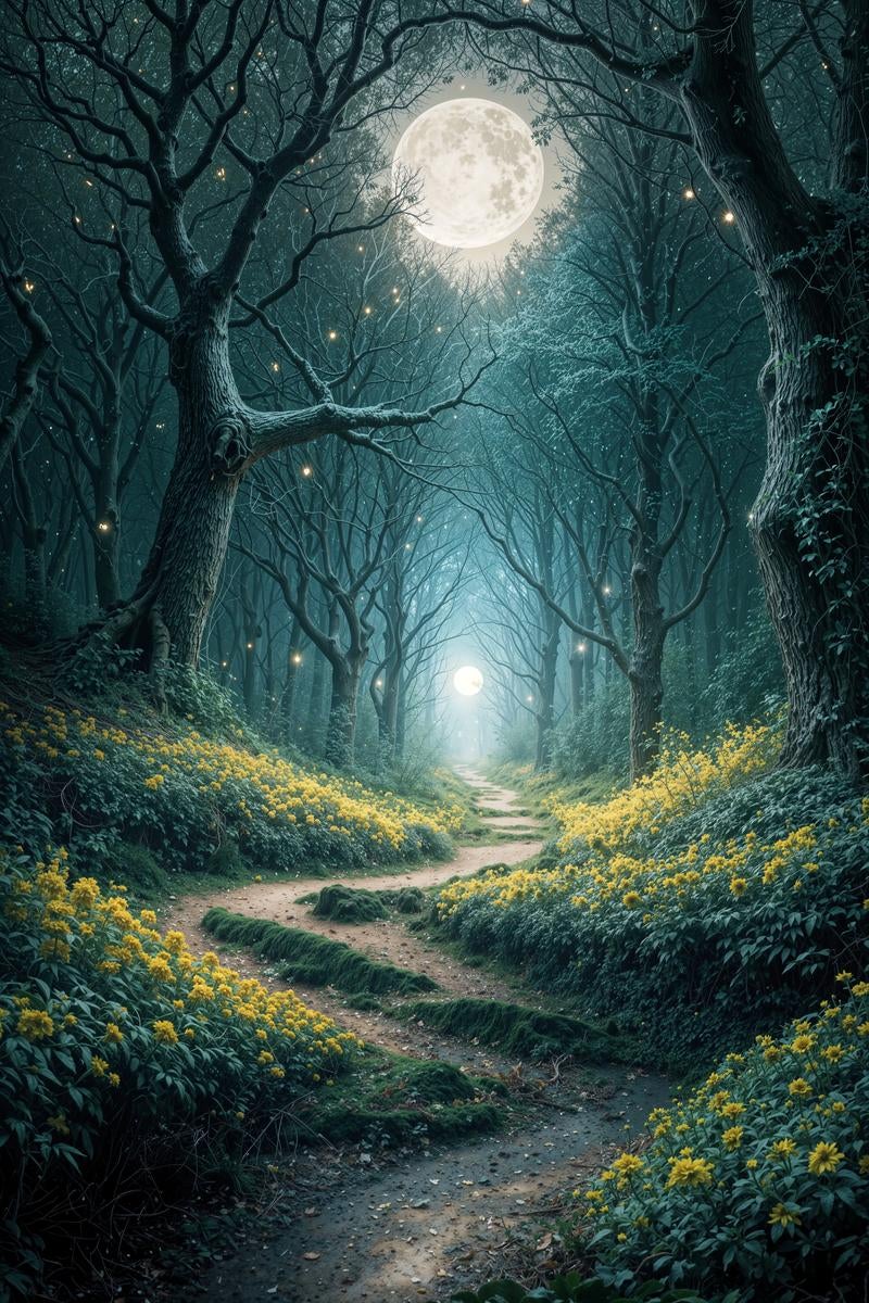 「満月の夜に浮かび上がる神秘的な林道」の写真
