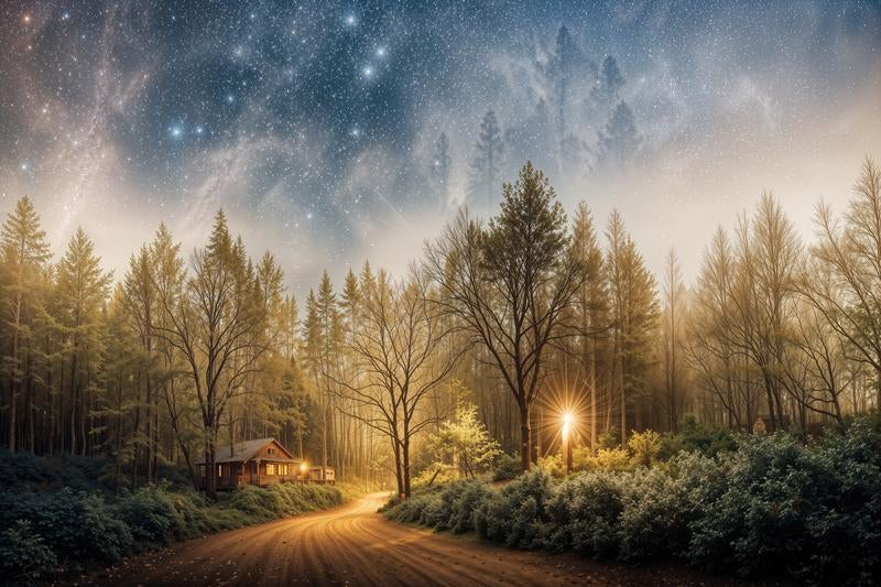 星降る森のロッジで迎える癒しの森景の写真