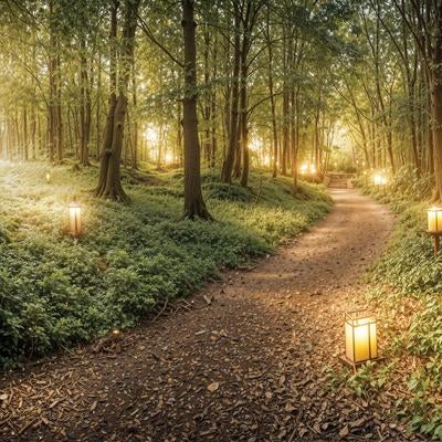 木漏れ日とランタンが導く癒しの散歩道の写真