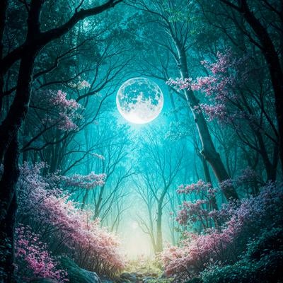 満月に照らされた幻想的な森の小径の素材