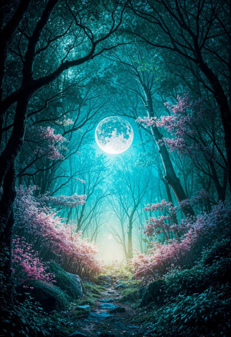 満月に照らされた幻想的な森の小径の写真