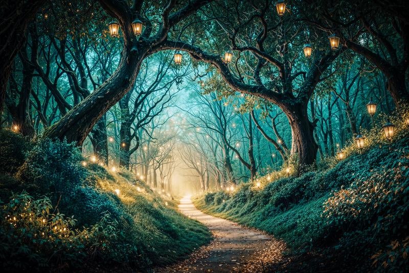 幻想的な森の小径とランタンの灯りの写真