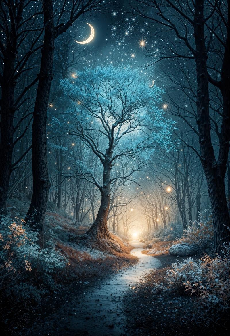 夜の森に響く静寂と月光の調べの写真