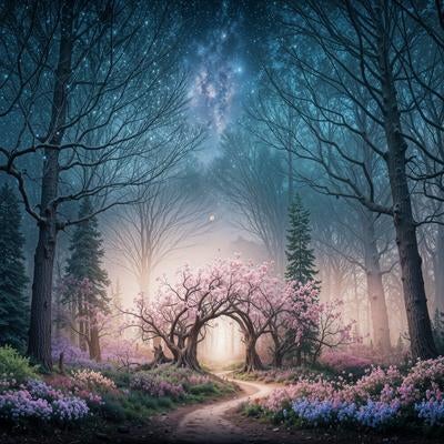 星空の下で咲き誇る桜の花々が彩る神秘的な夜の山道の写真