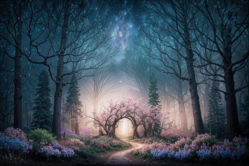 星空の下で咲き誇る桜の花々が彩る神秘的な夜の山道の写真