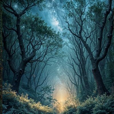 夜の森に響く静寂と星明かりの素材