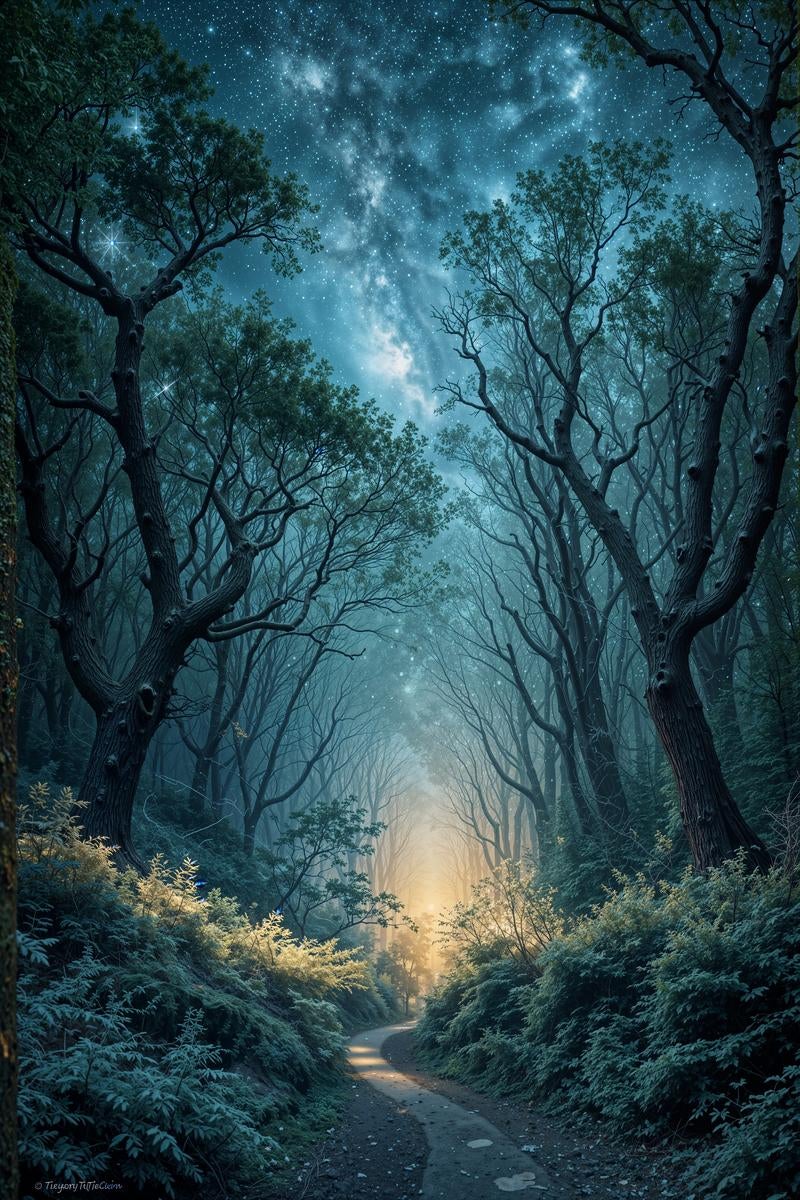 夜の森に響く静寂と星明かりの写真
