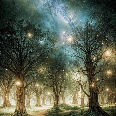 光る粒子が舞う神秘の並木道の写真