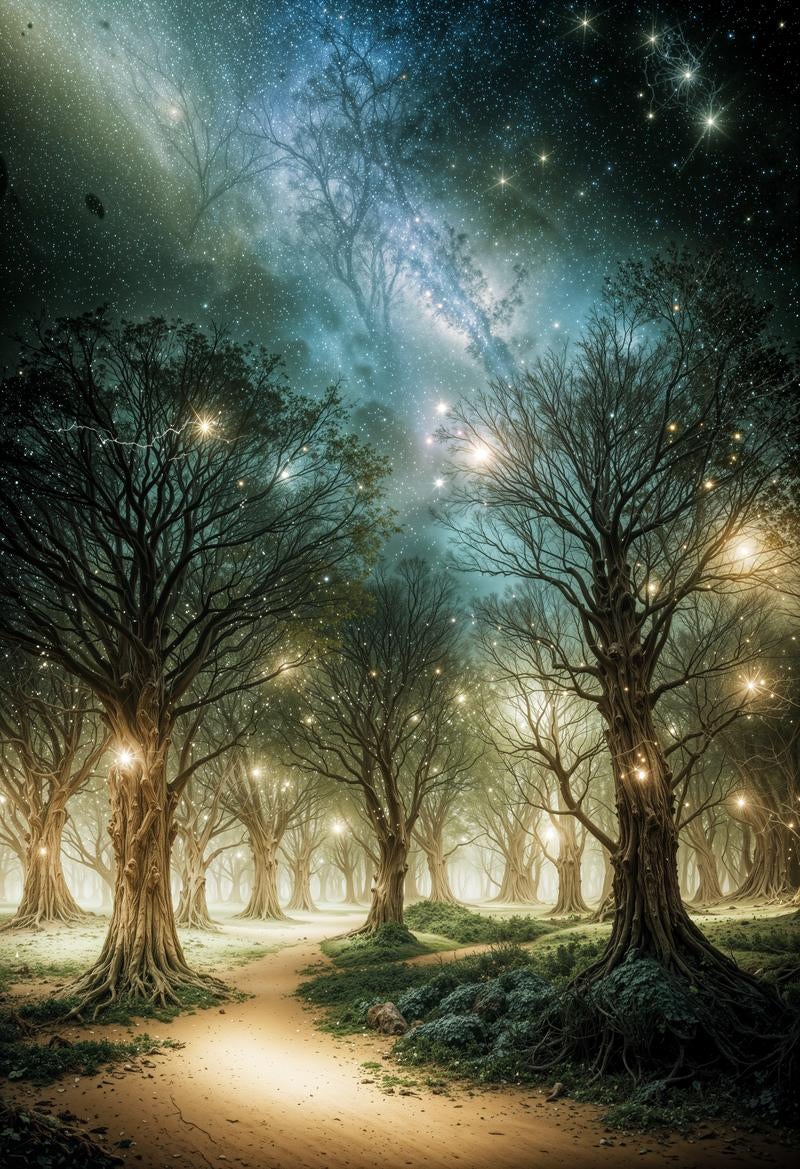 「光る粒子が舞う神秘の並木道」の写真