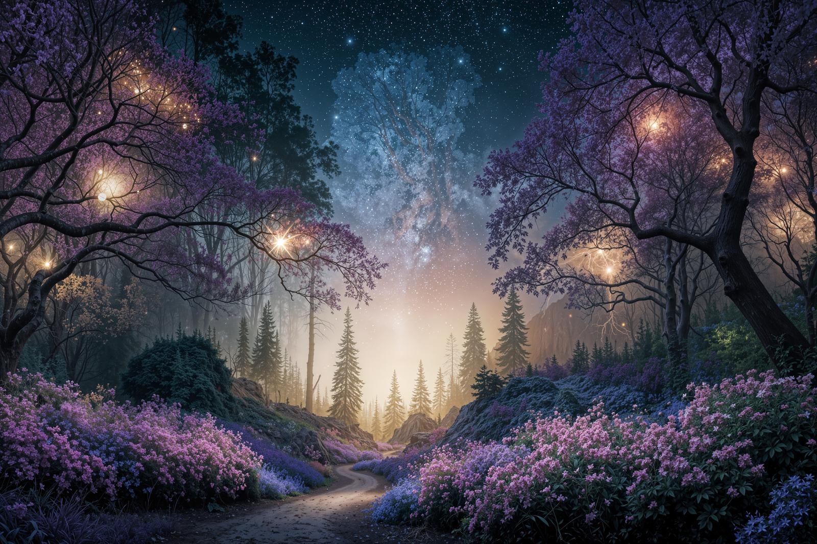 「幻想的な森に灯る夜のきらめき」の写真