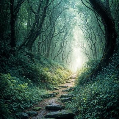 古木が作る緑のトンネル小道の写真